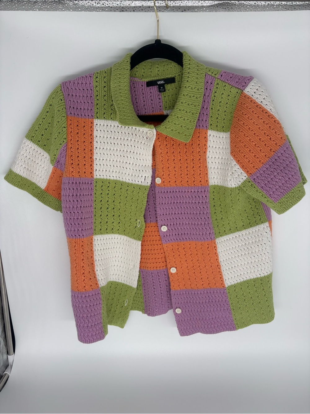 Vans Knit Crochet Colorblock Polo Shirt Y2K Patchwork Short Sleeve Size M